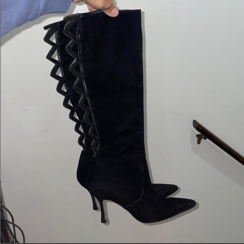 Manolo Blahnik Black Suede Over-the-Knee Pointed-Toe Stiletto Boots